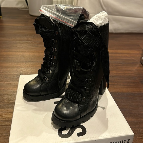 SCHUTZ Shoes - Schutz NWT Zhara Burned Leather Black Lace Boots with block heel & extra laces.